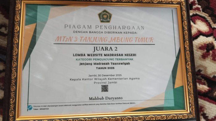 Membanggakan! MTsN 3 Tanjung Jabung Timur Raih Juara 2 Website Madrasah Tingkat Provinsi Jambi